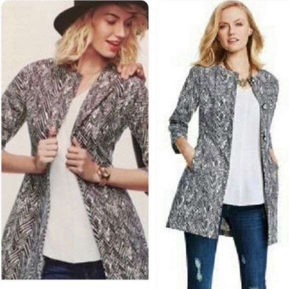 CAbi Zig Zag Ponte Knit Jacket Pockets Button Up Women Large White Gray 3034 - Picture 3 of 10